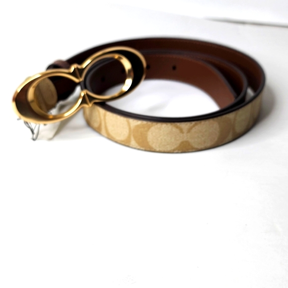 Coach Women's Signature Gold/Khaki Buckle Belt, 25 Mm Size L - Picture 3 of 4
